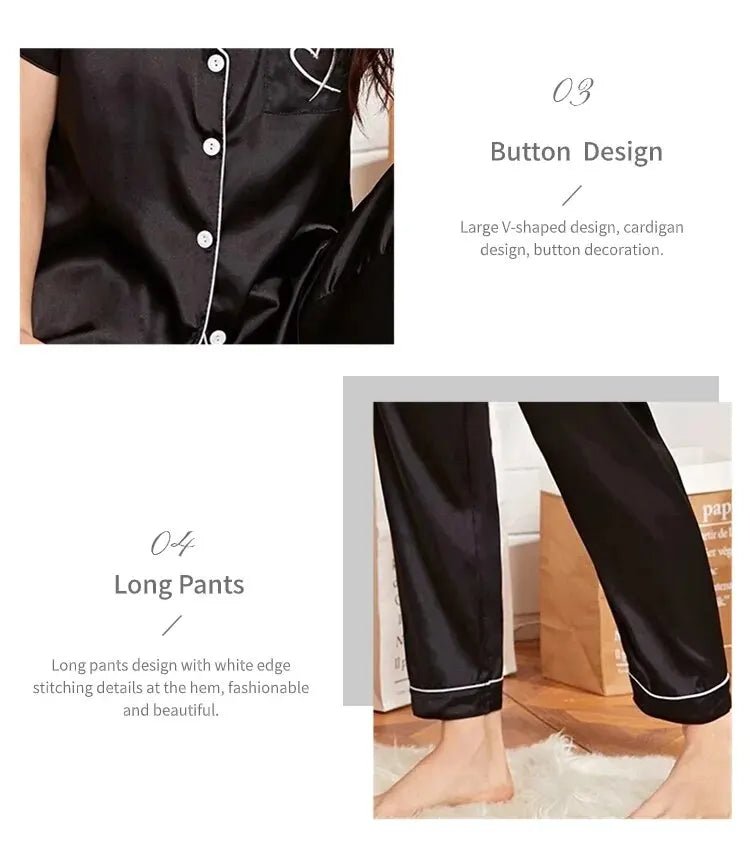 Women's Pajama Pocket Heart Embroidered Pajama Set Satin Comfortable Short Sleeve Button Pajama Lounge Pant For Women Sleepwear - MAGUSTA BEAUTY