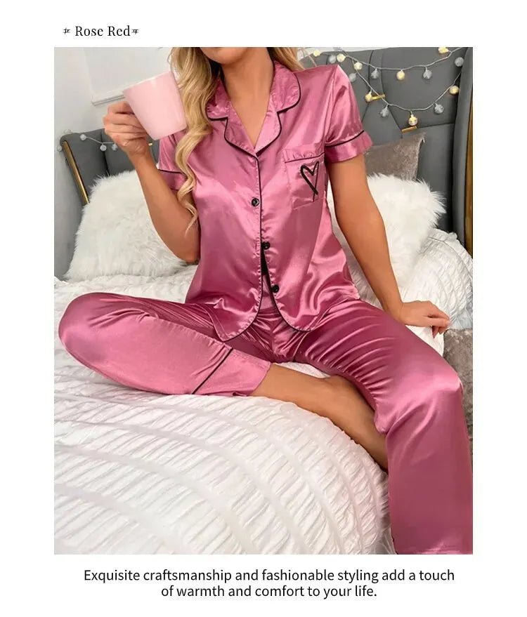Women's Pajama Pocket Heart Embroidered Pajama Set Satin Comfortable Short Sleeve Button Pajama Lounge Pant For Women Sleepwear - MAGUSTA BEAUTY