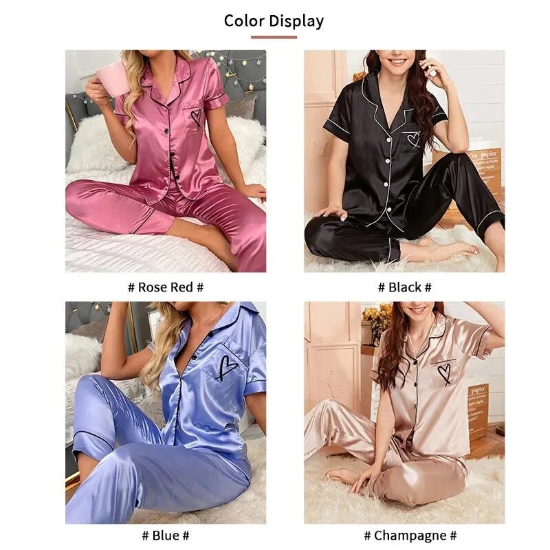 Women's Pajama Pocket Heart Embroidered Pajama Set Satin Comfortable Short Sleeve Button Pajama Lounge Pant For Women Sleepwear - MAGUSTA BEAUTY