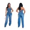 Women's Strapless Halter Loose-Fitting Denim Jumpsuit Spring Casual Solid Knitted Tights for Outings Straight Wide Leg Design - MAGUSTA BEAUTY