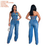 Women's Strapless Halter Loose-Fitting Denim Jumpsuit Spring Casual Solid Knitted Tights for Outings Straight Wide Leg Design - MAGUSTA BEAUTY