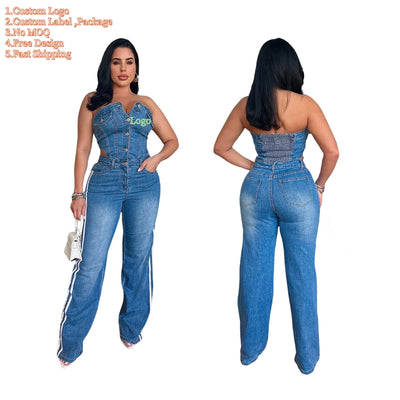 Women's Strapless Halter Loose-Fitting Denim Jumpsuit Spring Casual Solid Knitted Tights for Outings Straight Wide Leg Design - MAGUSTA BEAUTY