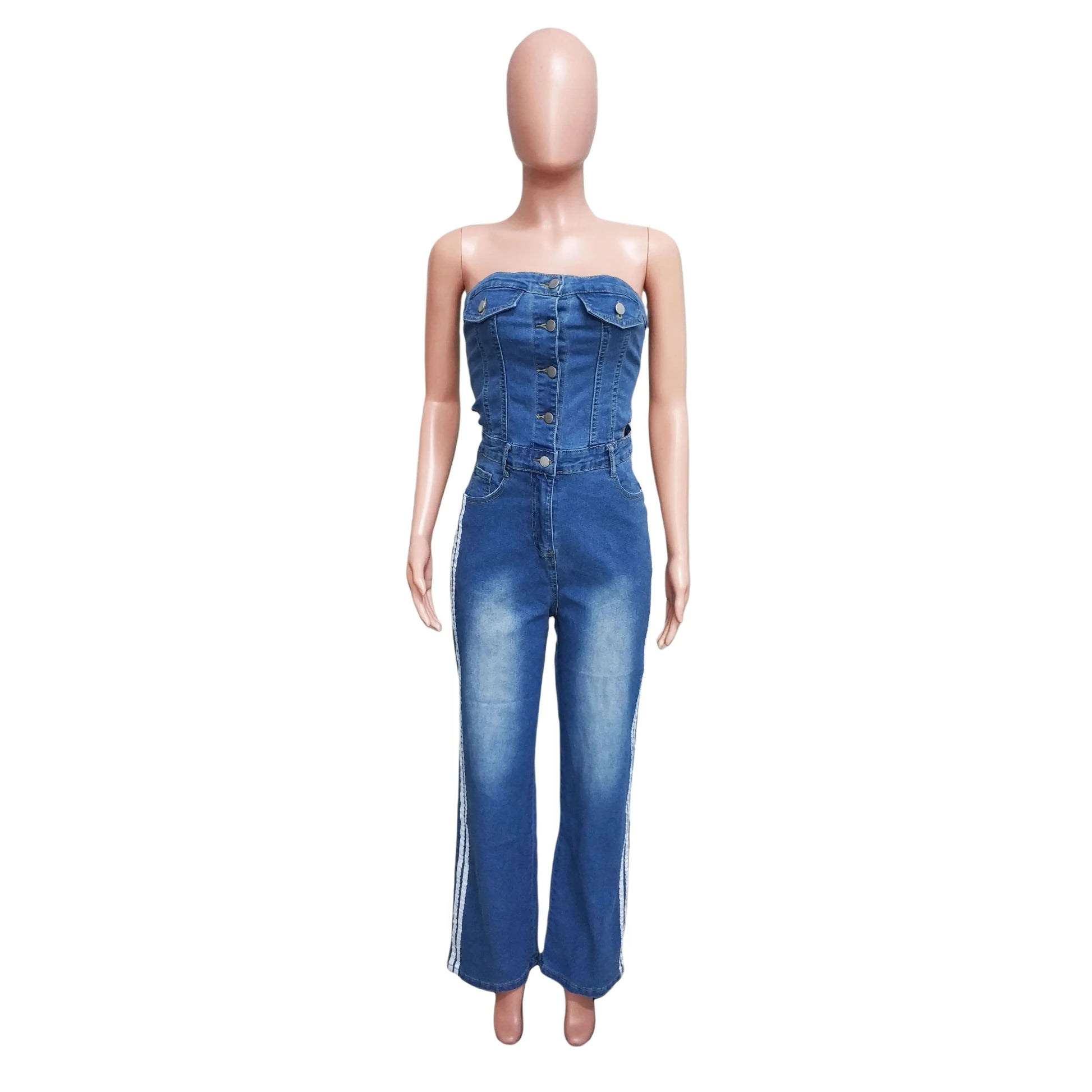 Women's Strapless Halter Loose-Fitting Denim Jumpsuit Spring Casual Solid Knitted Tights for Outings Straight Wide Leg Design - MAGUSTA BEAUTY