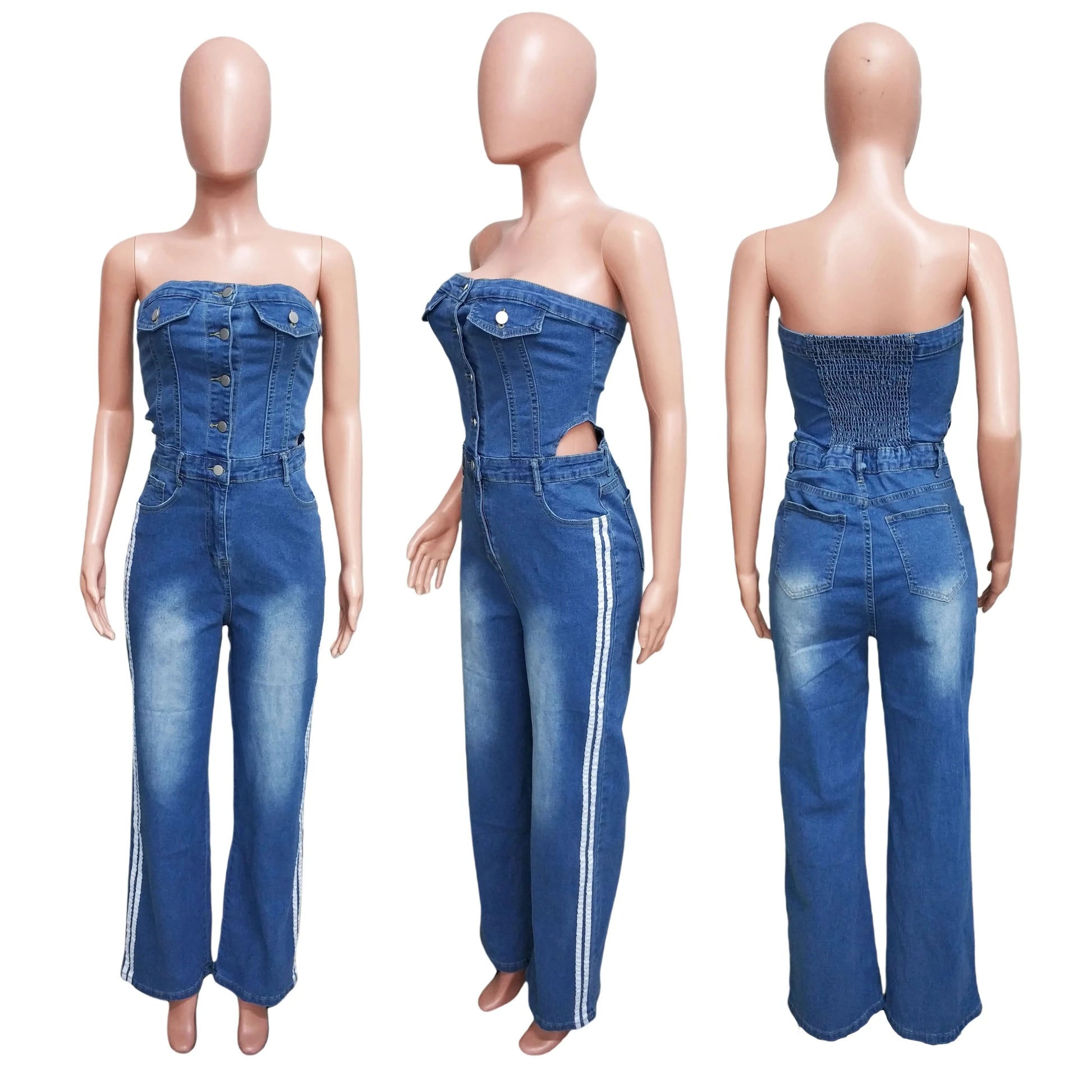 Women's Strapless Halter Loose-Fitting Denim Jumpsuit Spring Casual Solid Knitted Tights for Outings Straight Wide Leg Design - MAGUSTA BEAUTY
