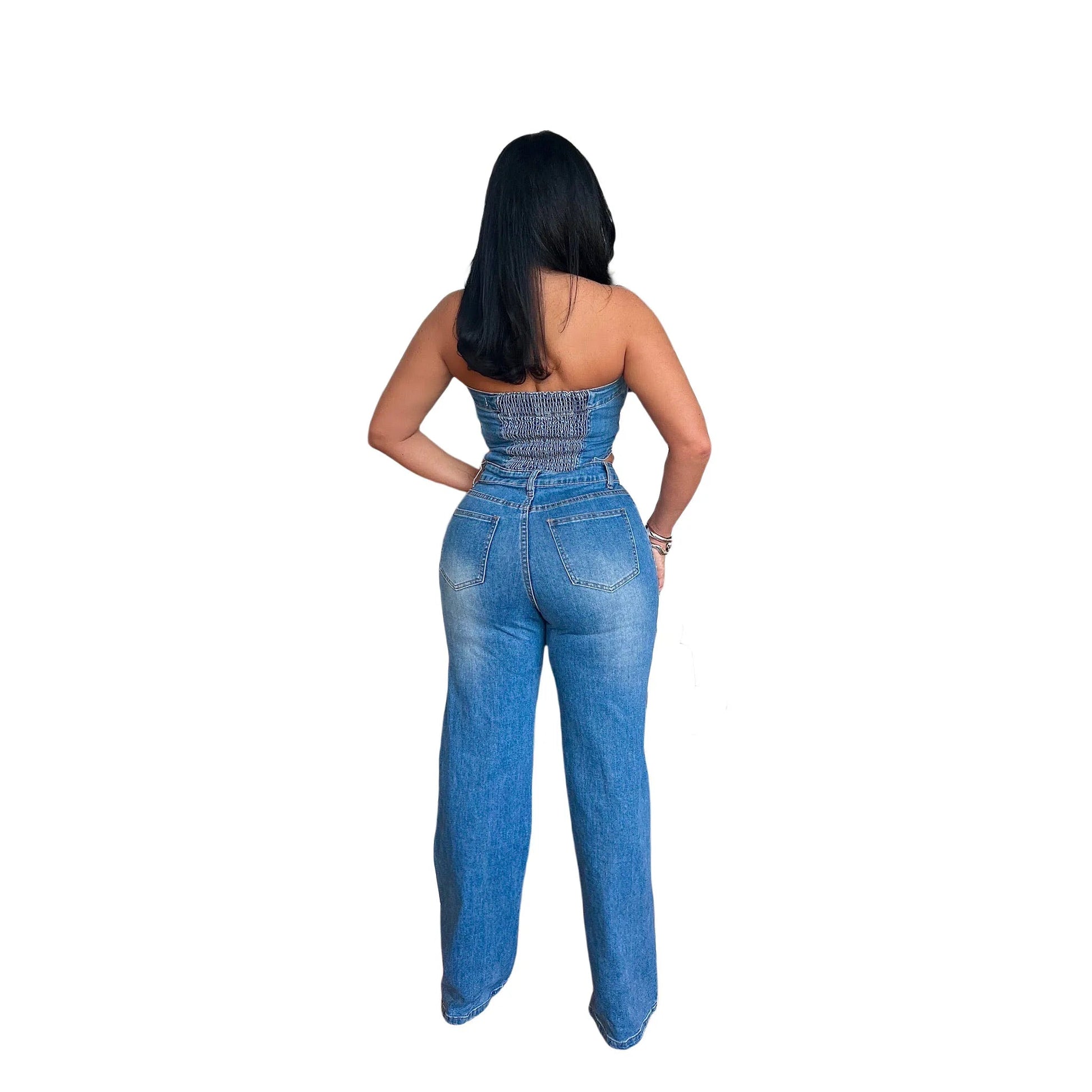 Women's Strapless Halter Loose-Fitting Denim Jumpsuit Spring Casual Solid Knitted Tights for Outings Straight Wide Leg Design - MAGUSTA BEAUTY
