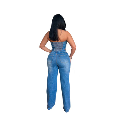 Women's Strapless Halter Loose-Fitting Denim Jumpsuit Spring Casual Solid Knitted Tights for Outings Straight Wide Leg Design - MAGUSTA BEAUTY