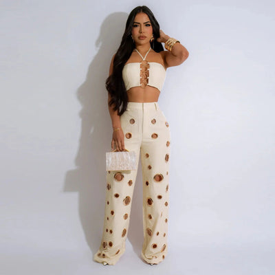 Women's Two - piece Solid Color Hanging Neck Hollow Top Sexy Perforated Slim Fit Pants Set 2026 Summer - MAGUSTA BEAUTY