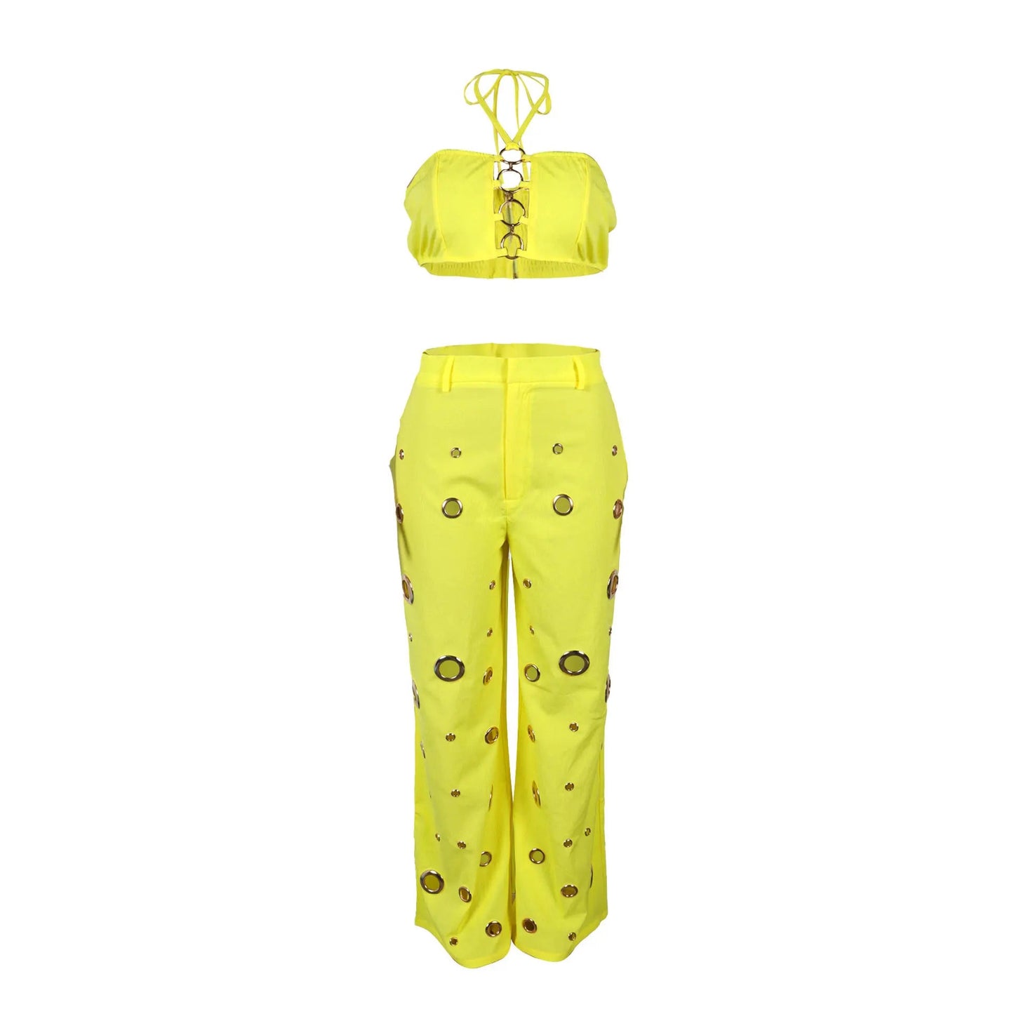 Women's Two - piece Solid Color Hanging Neck Hollow Top Sexy Perforated Slim Fit Pants Set 2026 Summer - MAGUSTA BEAUTY