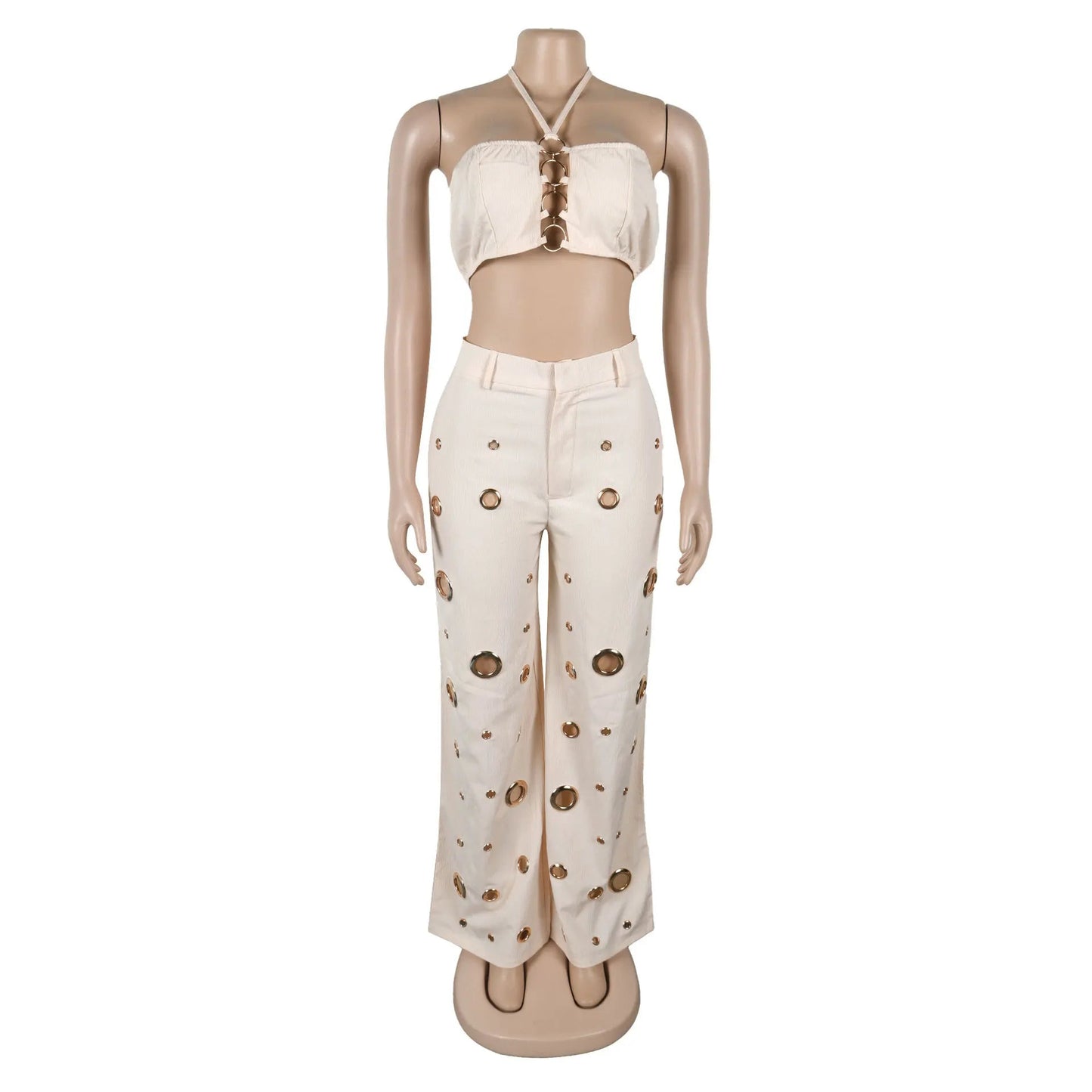 Women's Two - piece Solid Color Hanging Neck Hollow Top Sexy Perforated Slim Fit Pants Set 2026 Summer - MAGUSTA BEAUTY
