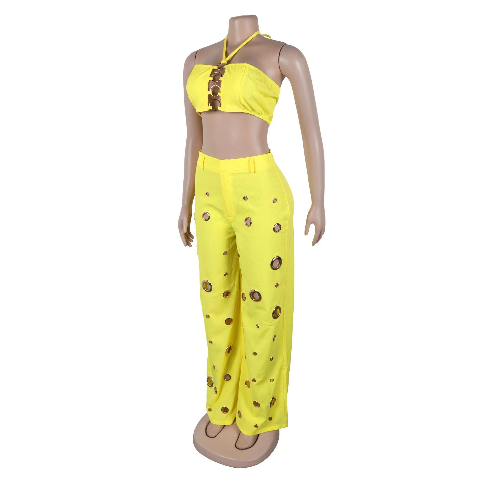 Women's Two - piece Solid Color Hanging Neck Hollow Top Sexy Perforated Slim Fit Pants Set 2026 Summer - MAGUSTA BEAUTY