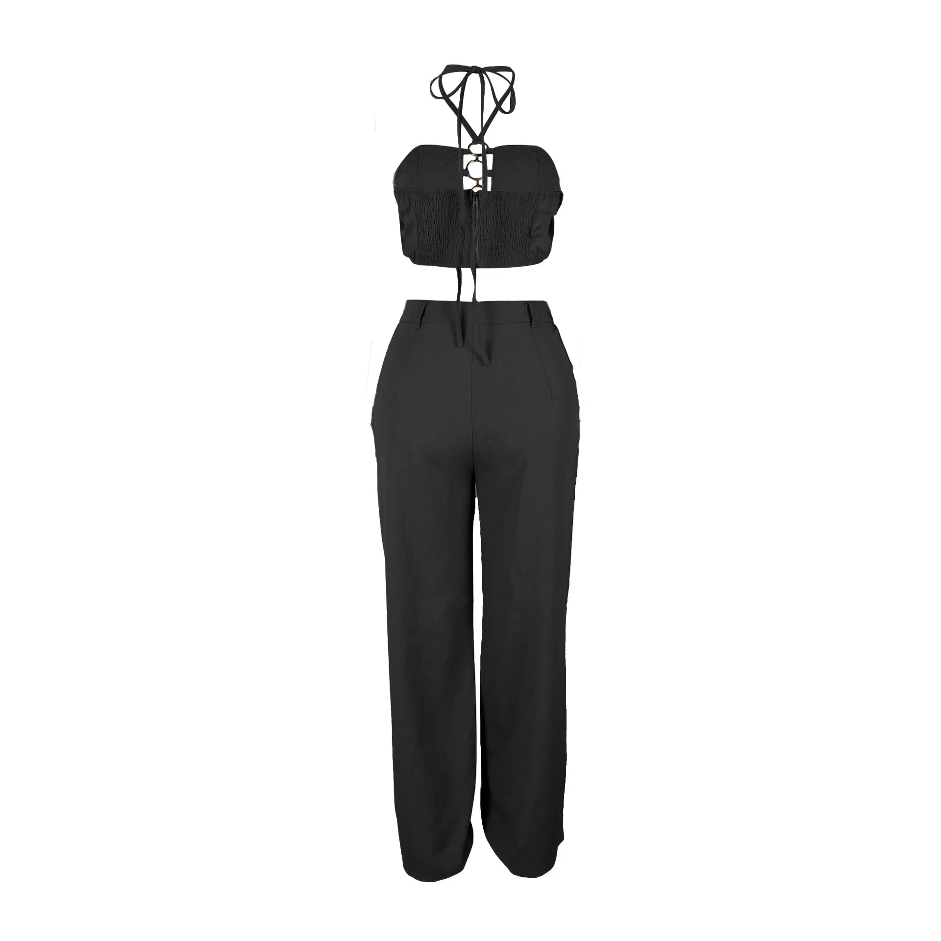 Women's Two - piece Solid Color Hanging Neck Hollow Top Sexy Perforated Slim Fit Pants Set 2026 Summer - MAGUSTA BEAUTY