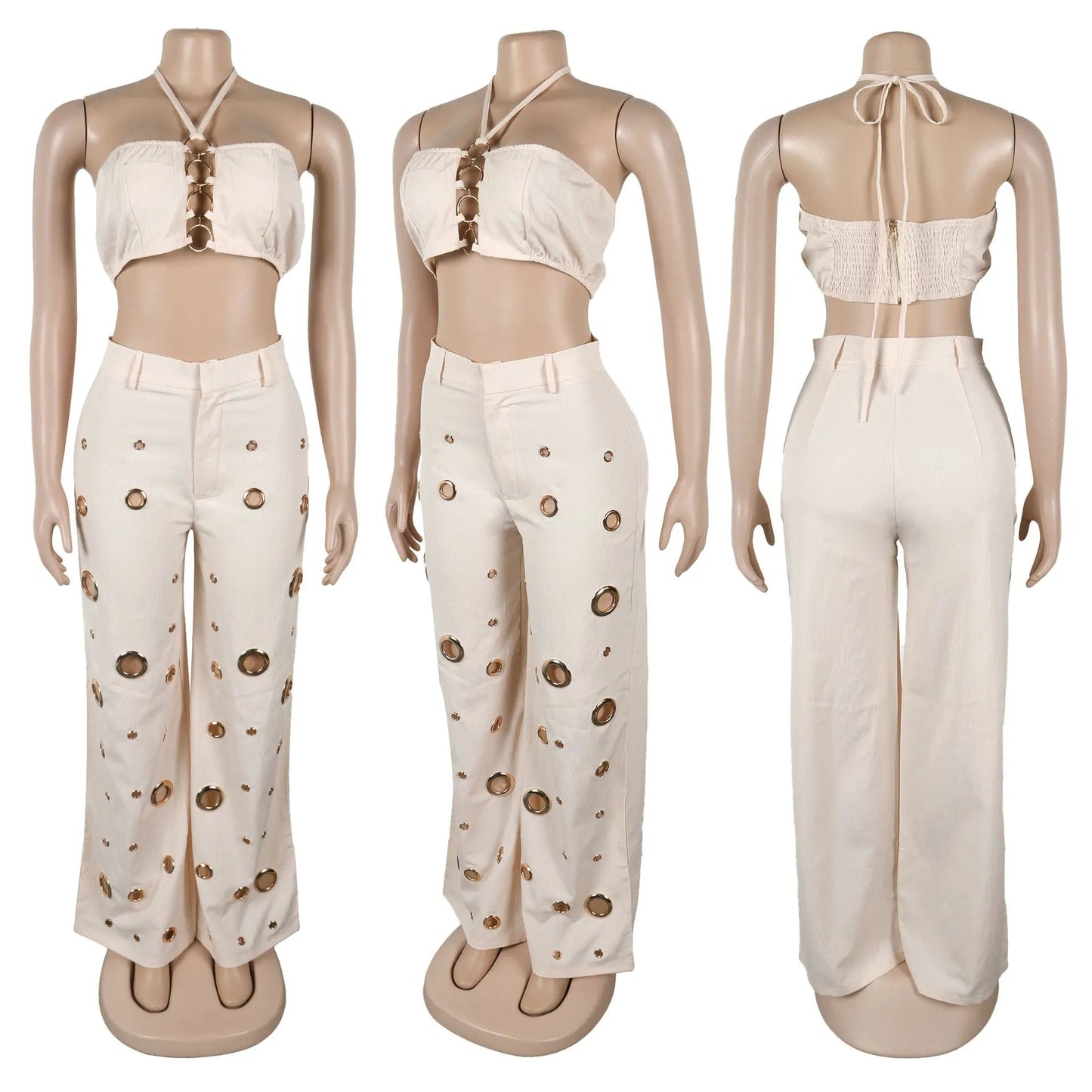 Women's Two - piece Solid Color Hanging Neck Hollow Top Sexy Perforated Slim Fit Pants Set 2026 Summer - MAGUSTA BEAUTY