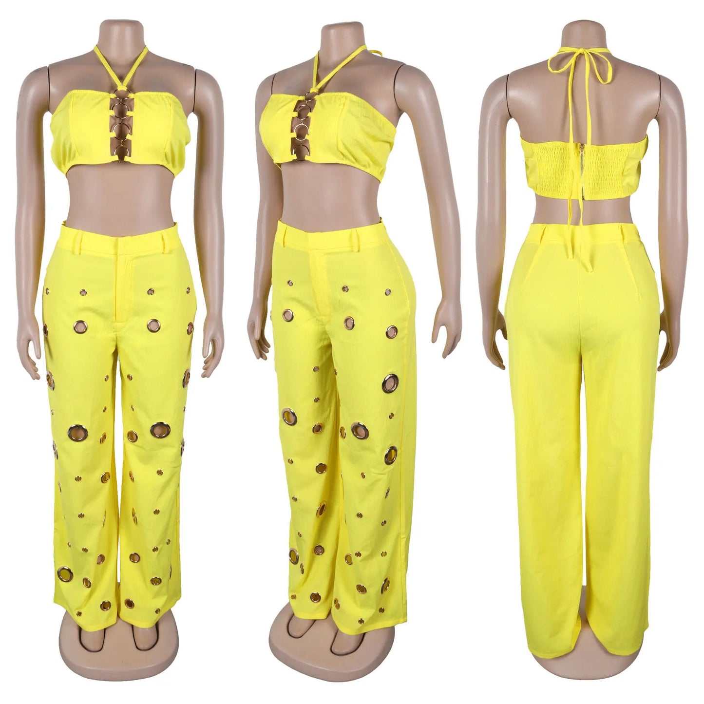 Women's Two - piece Solid Color Hanging Neck Hollow Top Sexy Perforated Slim Fit Pants Set 2026 Summer - MAGUSTA BEAUTY
