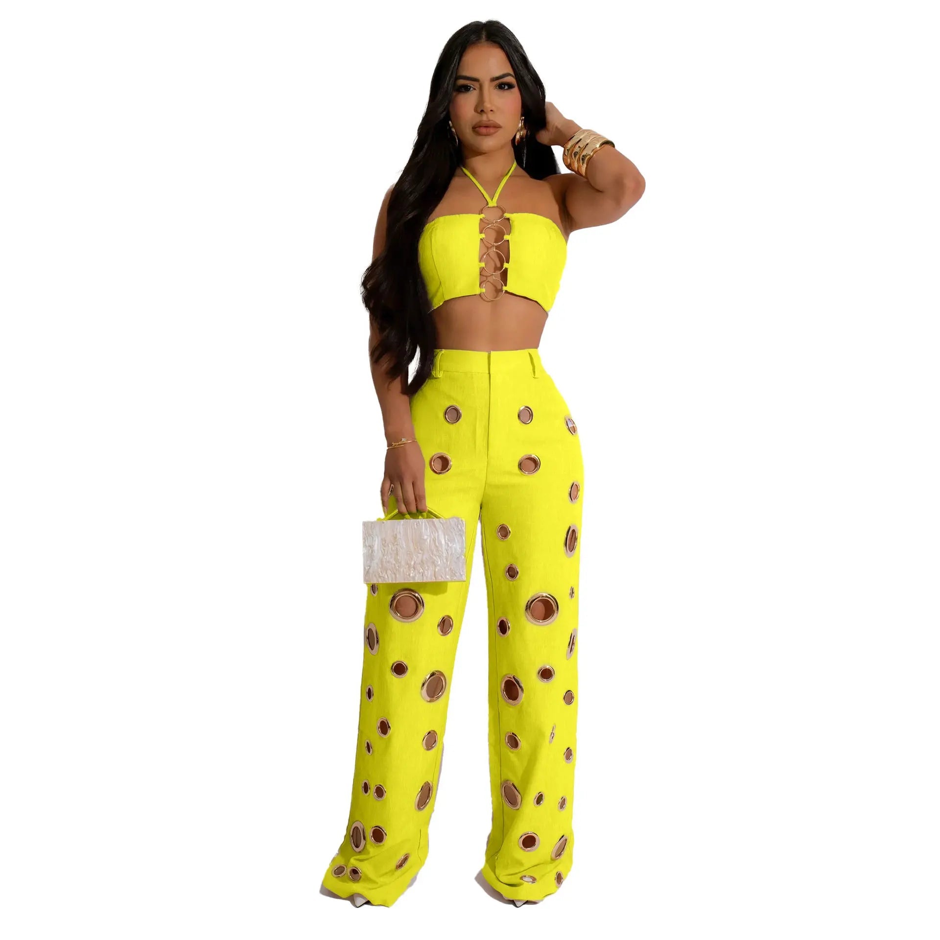 Women's Two - piece Solid Color Hanging Neck Hollow Top Sexy Perforated Slim Fit Pants Set 2026 Summer - MAGUSTA BEAUTY
