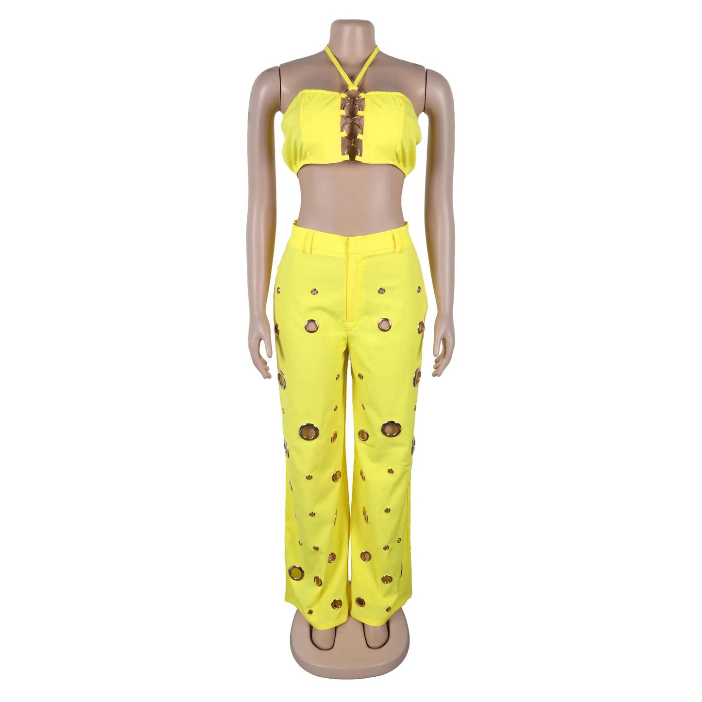 Women's Two - piece Solid Color Hanging Neck Hollow Top Sexy Perforated Slim Fit Pants Set 2026 Summer - MAGUSTA BEAUTY