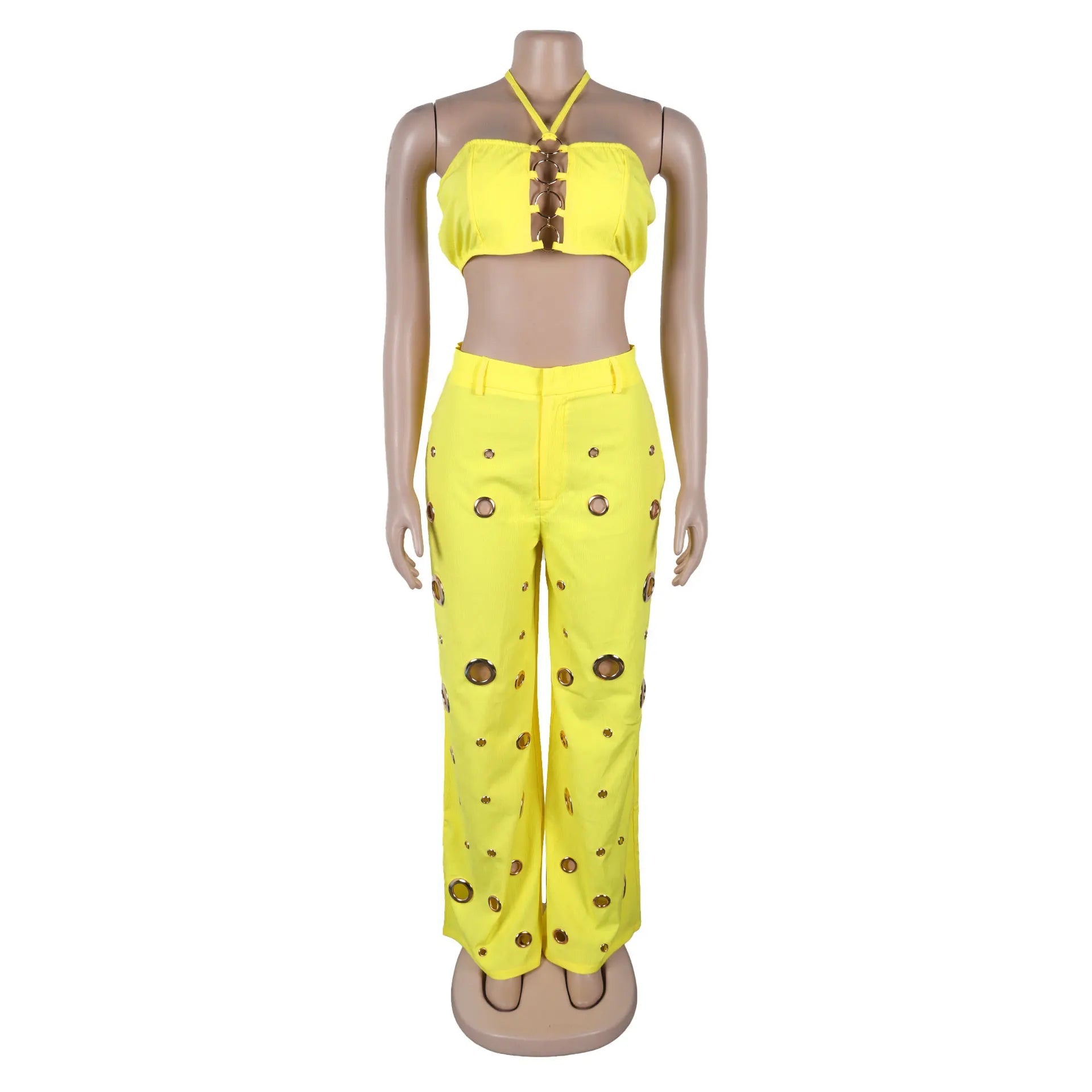 Women's Two - piece Solid Color Hanging Neck Hollow Top Sexy Perforated Slim Fit Pants Set 2026 Summer - MAGUSTA BEAUTY