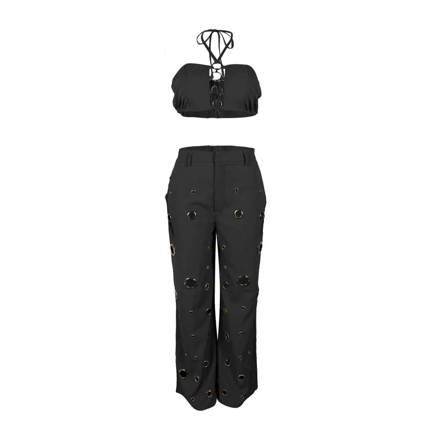 Women's Two - piece Solid Color Hanging Neck Hollow Top Sexy Perforated Slim Fit Pants Set 2026 Summer - MAGUSTA BEAUTY