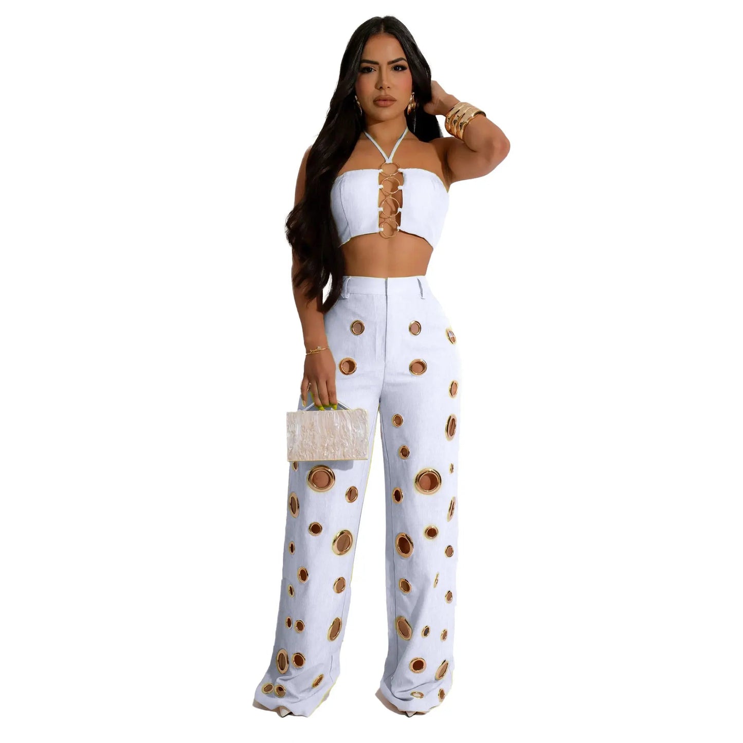 Women's Two - piece Solid Color Hanging Neck Hollow Top Sexy Perforated Slim Fit Pants Set 2026 Summer - MAGUSTA BEAUTY