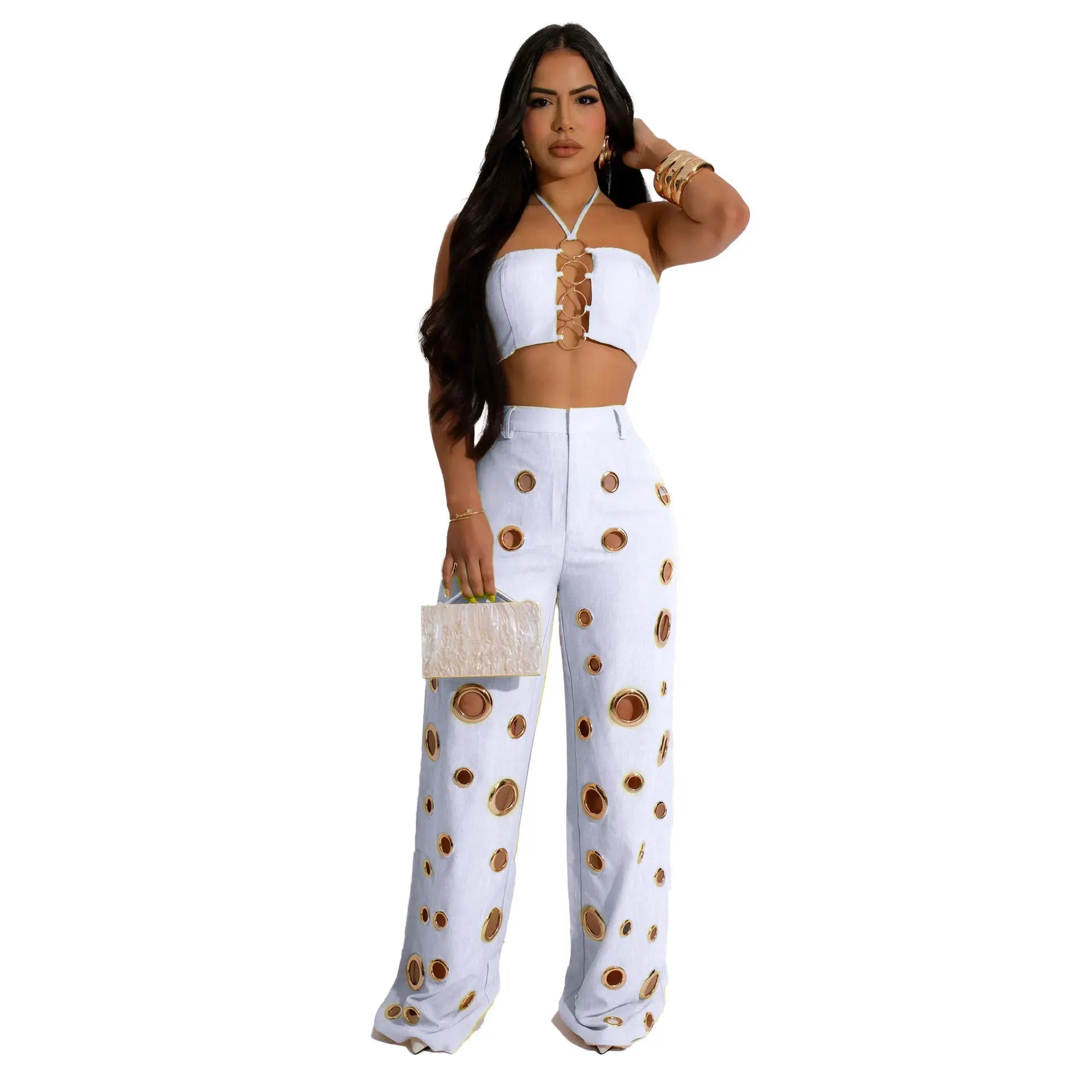 Women's Two - piece Solid Color Hanging Neck Hollow Top Sexy Perforated Slim Fit Pants Set 2026 Summer - MAGUSTA BEAUTY