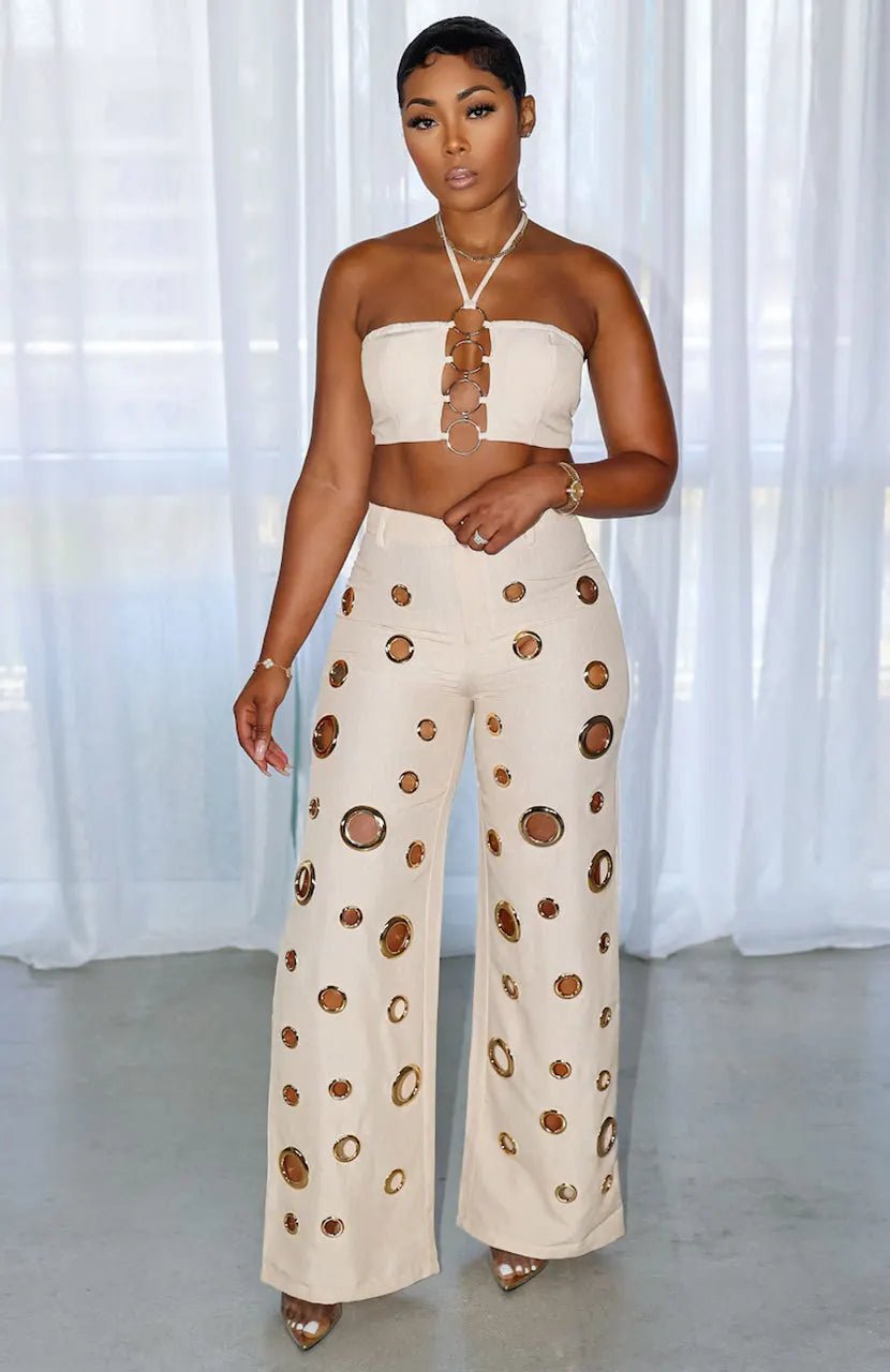 Women's Two - piece Solid Color Hanging Neck Hollow Top Sexy Perforated Slim Fit Pants Set 2026 Summer - MAGUSTA BEAUTY