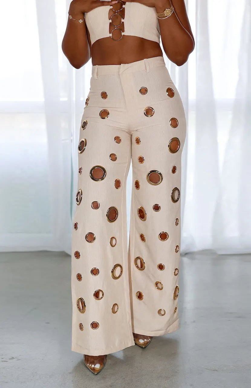 Women's Two - piece Solid Color Hanging Neck Hollow Top Sexy Perforated Slim Fit Pants Set 2026 Summer - MAGUSTA BEAUTY