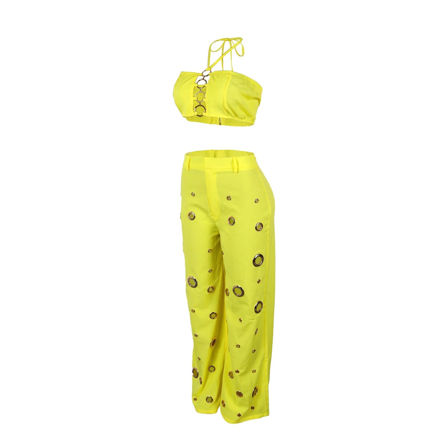 Women's Two - piece Solid Color Hanging Neck Hollow Top Sexy Perforated Slim Fit Pants Set 2026 Summer - MAGUSTA BEAUTY