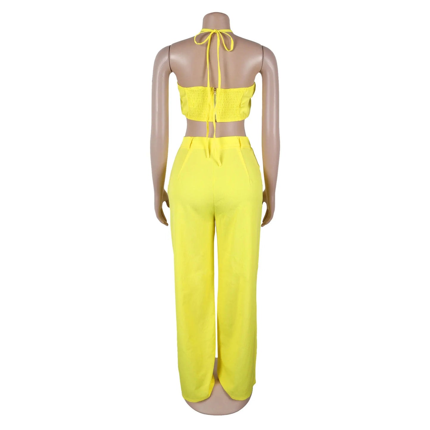 Women's Two - piece Solid Color Hanging Neck Hollow Top Sexy Perforated Slim Fit Pants Set 2026 Summer - MAGUSTA BEAUTY