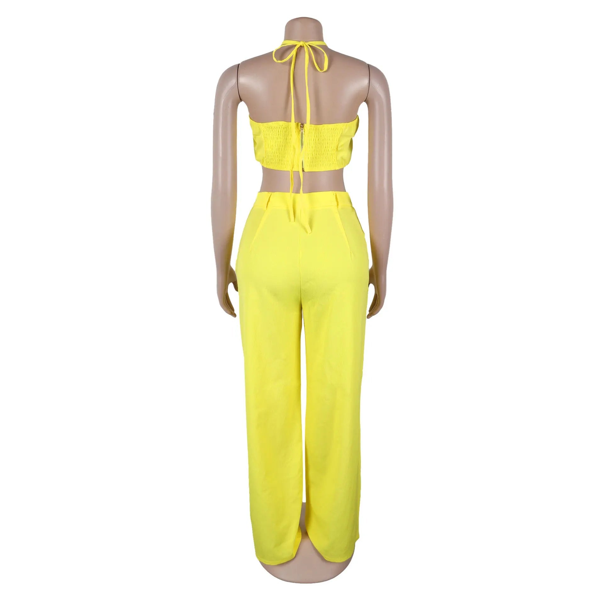 Women's Two - piece Solid Color Hanging Neck Hollow Top Sexy Perforated Slim Fit Pants Set 2026 Summer - MAGUSTA BEAUTY