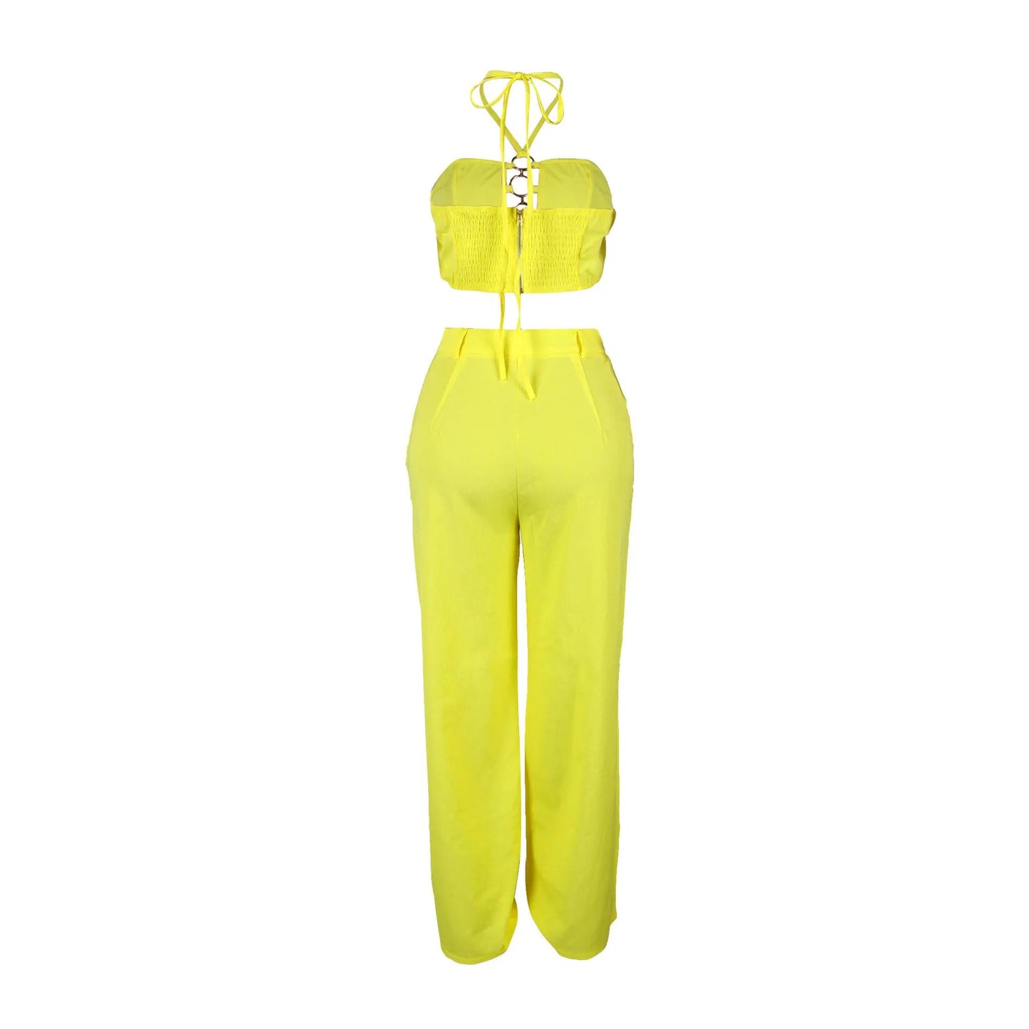 Women's Two - piece Solid Color Hanging Neck Hollow Top Sexy Perforated Slim Fit Pants Set 2026 Summer - MAGUSTA BEAUTY
