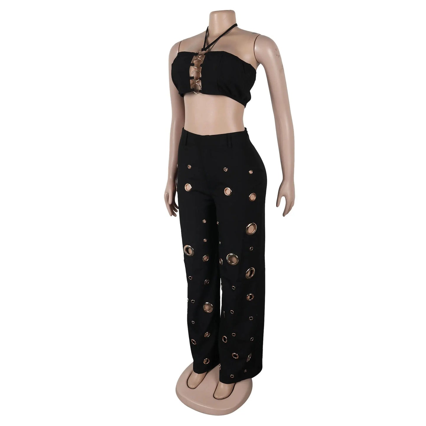 Women's Two - piece Solid Color Hanging Neck Hollow Top Sexy Perforated Slim Fit Pants Set 2026 Summer - MAGUSTA BEAUTY