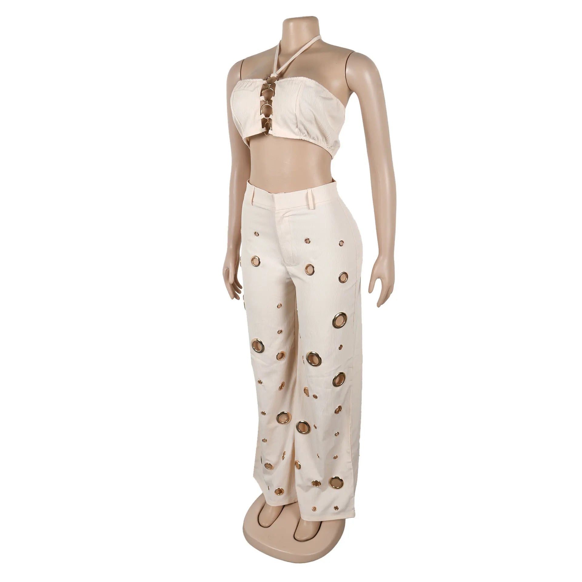 Women's Two - piece Solid Color Hanging Neck Hollow Top Sexy Perforated Slim Fit Pants Set 2026 Summer - MAGUSTA BEAUTY
