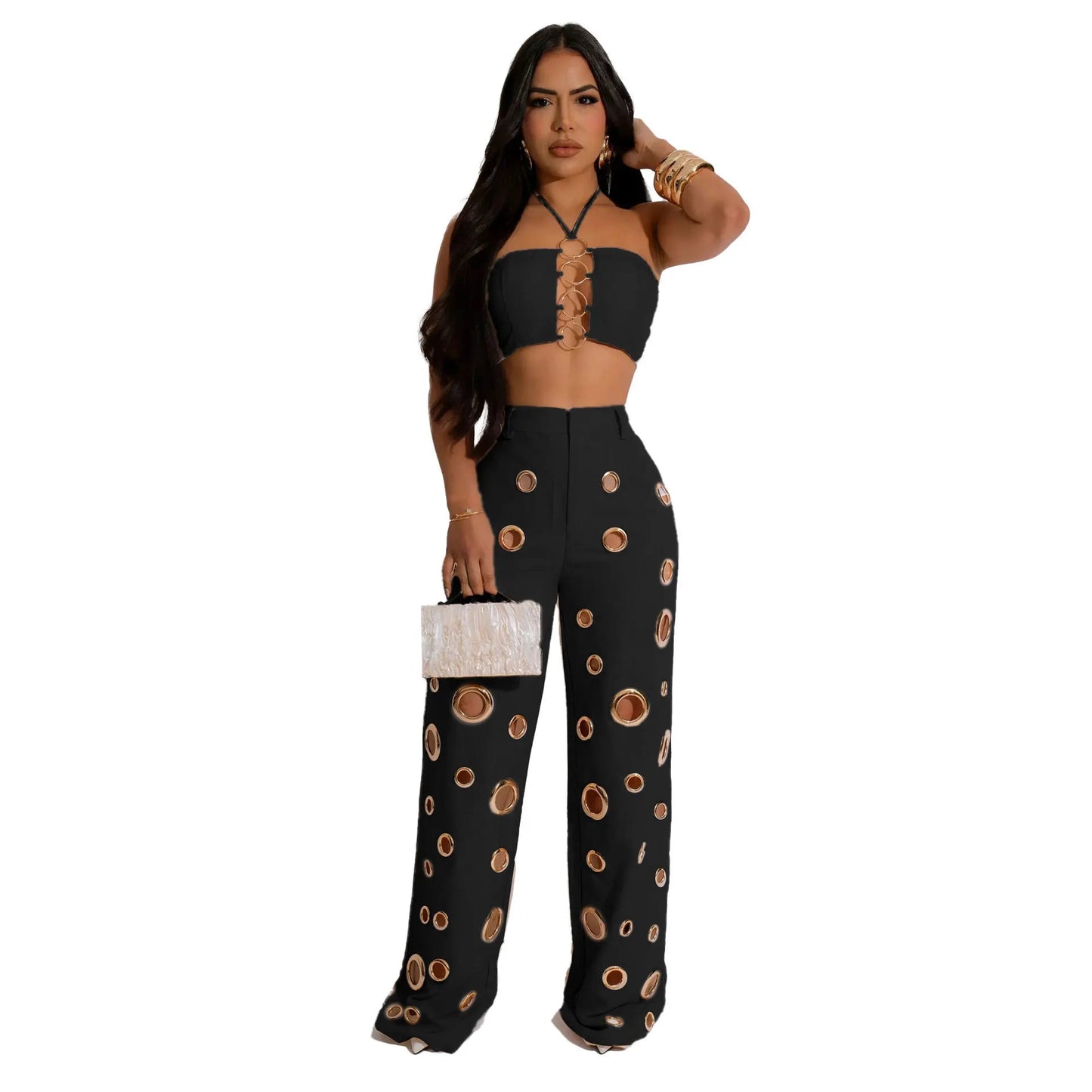 Women's Two - piece Solid Color Hanging Neck Hollow Top Sexy Perforated Slim Fit Pants Set 2026 Summer - MAGUSTA BEAUTY