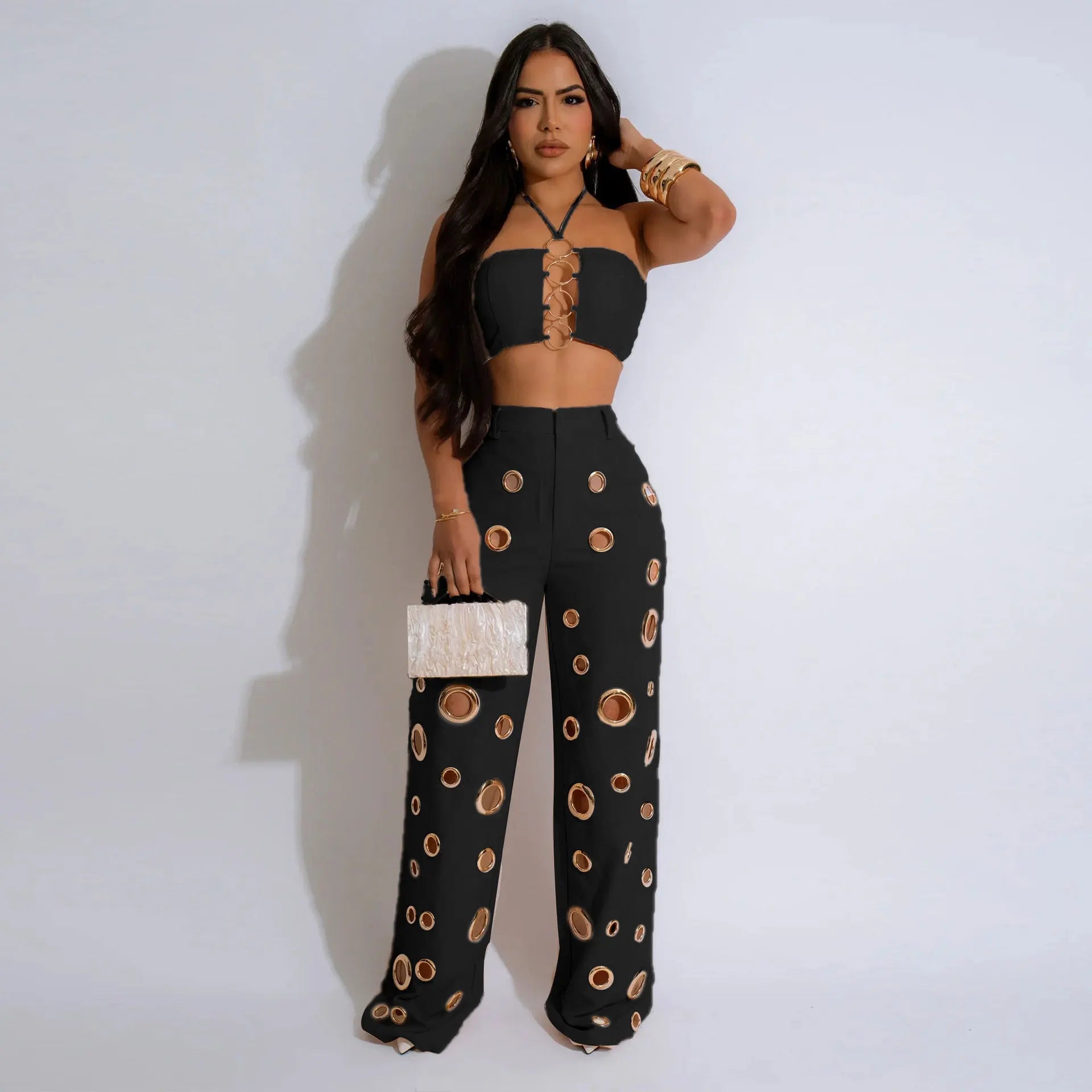 Women's Two - piece Solid Color Hanging Neck Hollow Top Sexy Perforated Slim Fit Pants Set 2026 Summer - MAGUSTA BEAUTY