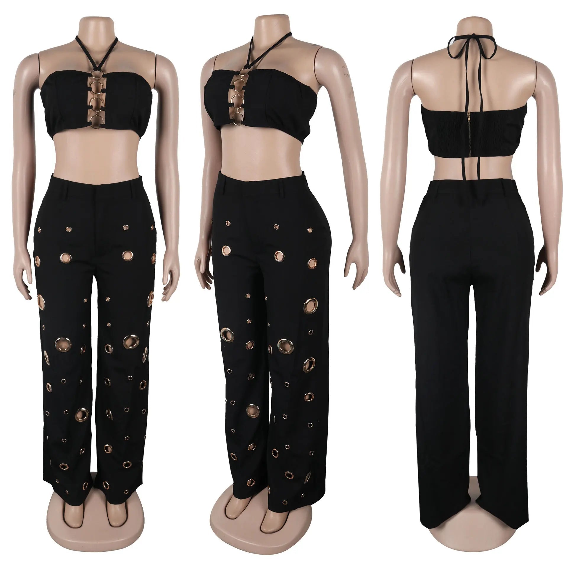Women's Two - piece Solid Color Hanging Neck Hollow Top Sexy Perforated Slim Fit Pants Set 2026 Summer - MAGUSTA BEAUTY