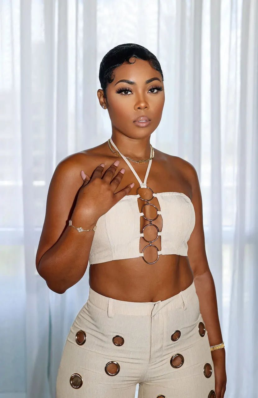 Women's Two - piece Solid Color Hanging Neck Hollow Top Sexy Perforated Slim Fit Pants Set 2026 Summer - MAGUSTA BEAUTY