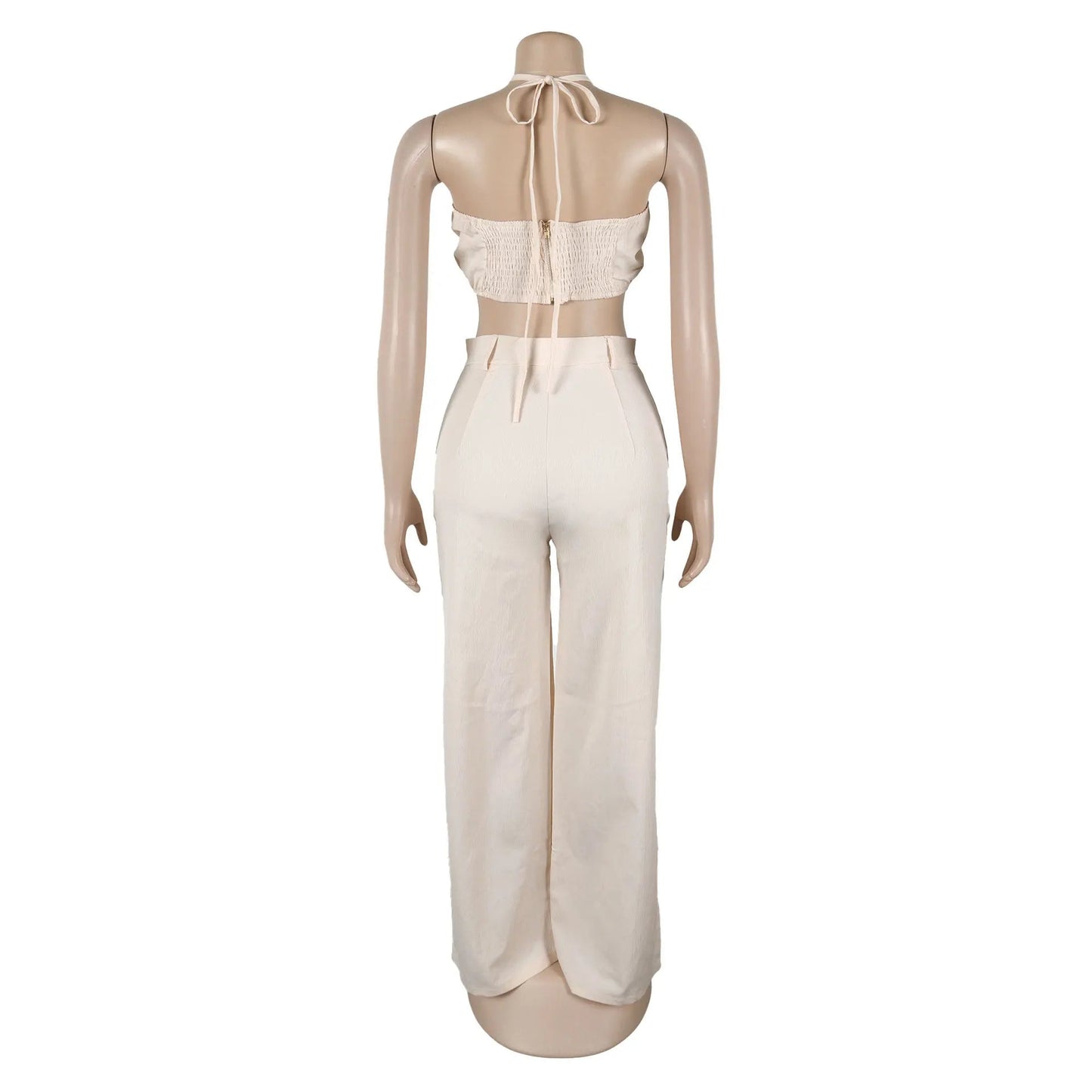 Women's Two - piece Solid Color Hanging Neck Hollow Top Sexy Perforated Slim Fit Pants Set 2026 Summer - MAGUSTA BEAUTY