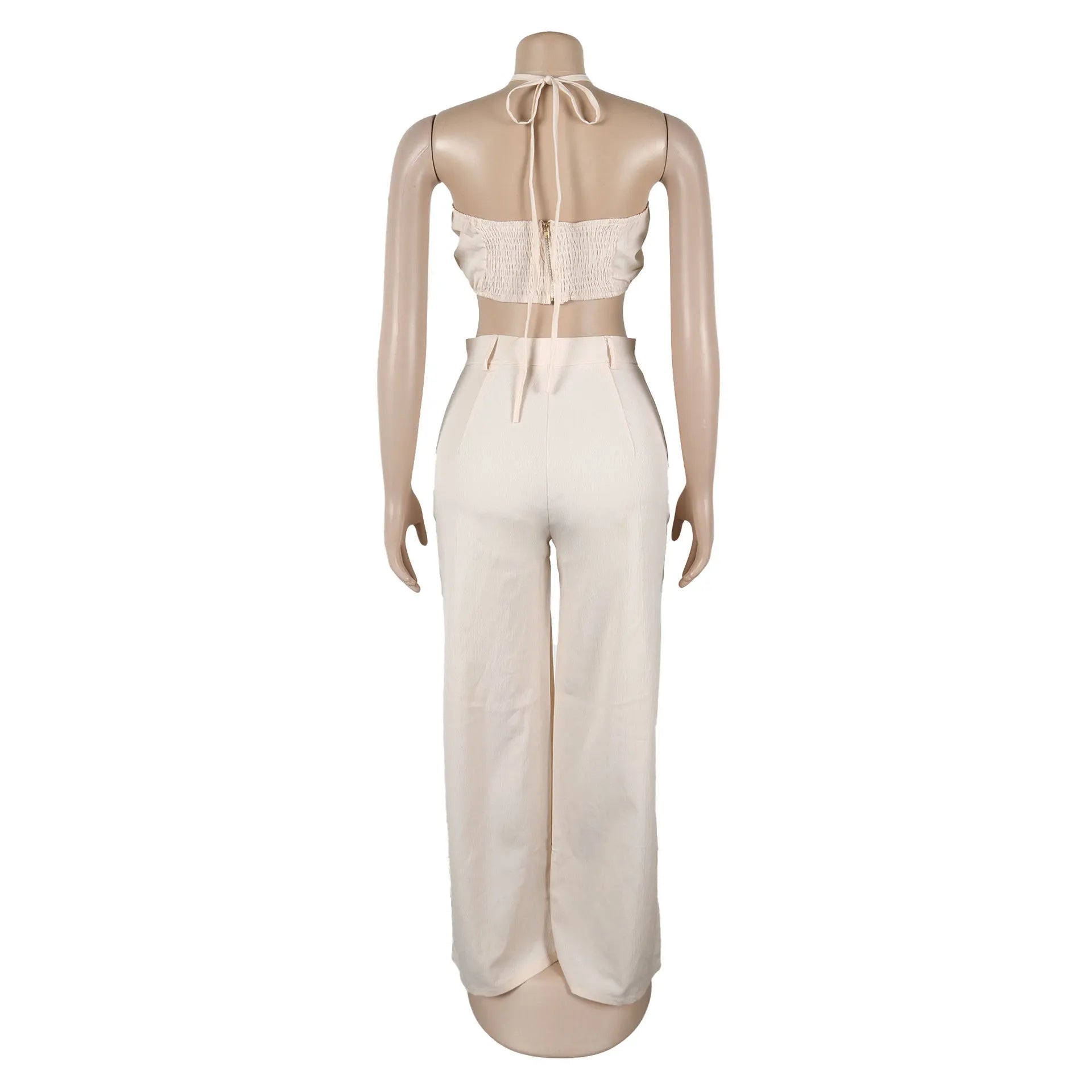 Women's Two - piece Solid Color Hanging Neck Hollow Top Sexy Perforated Slim Fit Pants Set 2026 Summer - MAGUSTA BEAUTY