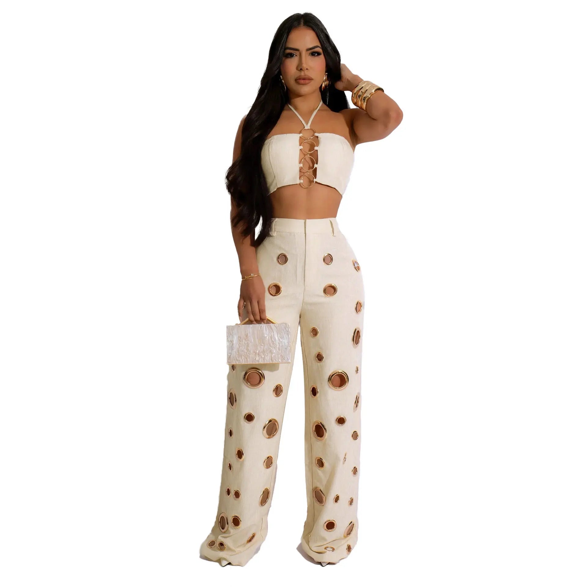 Women's Two - piece Solid Color Hanging Neck Hollow Top Sexy Perforated Slim Fit Pants Set 2026 Summer - MAGUSTA BEAUTY