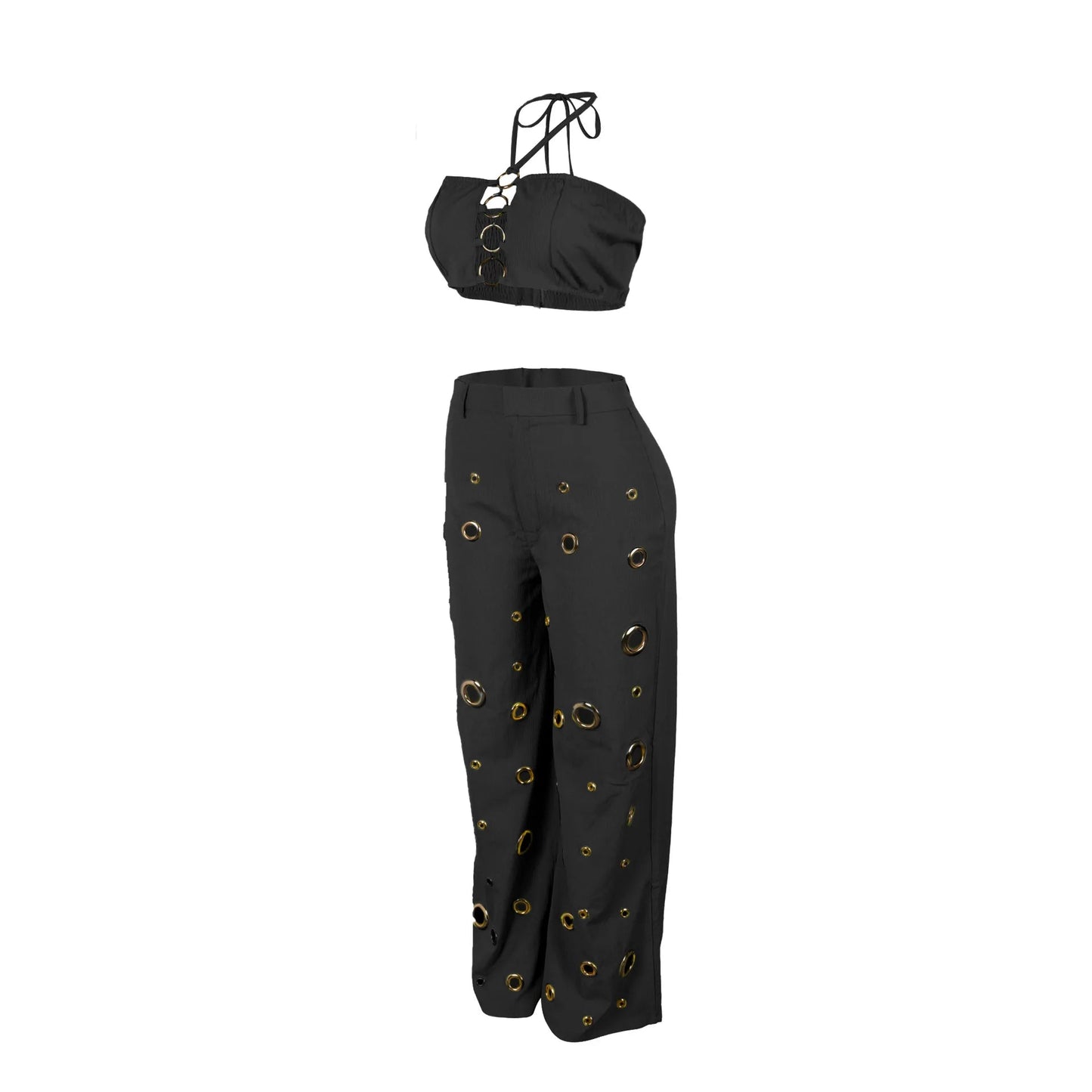 Women's Two - piece Solid Color Hanging Neck Hollow Top Sexy Perforated Slim Fit Pants Set 2026 Summer - MAGUSTA BEAUTY