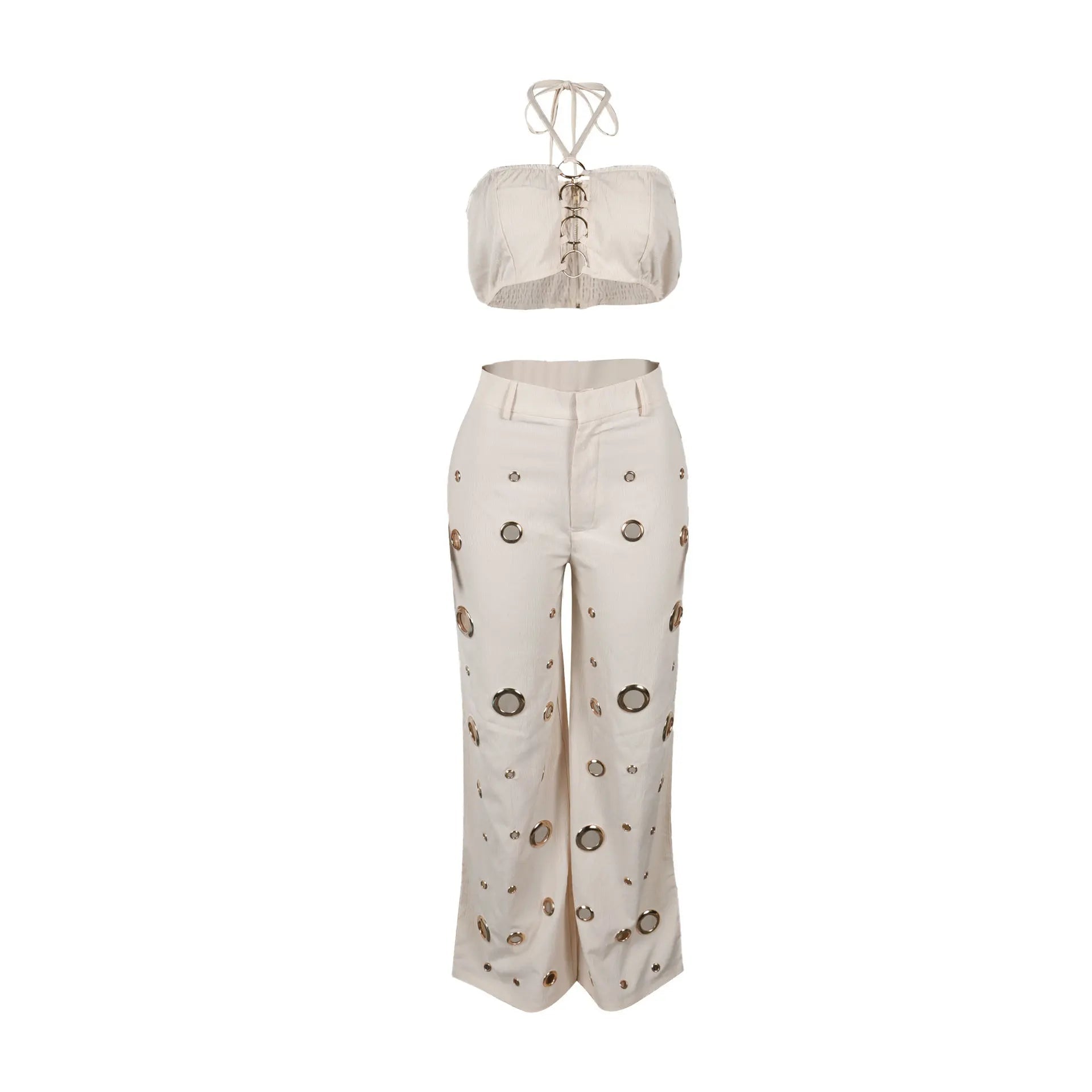 Women's Two - piece Solid Color Hanging Neck Hollow Top Sexy Perforated Slim Fit Pants Set 2026 Summer - MAGUSTA BEAUTY