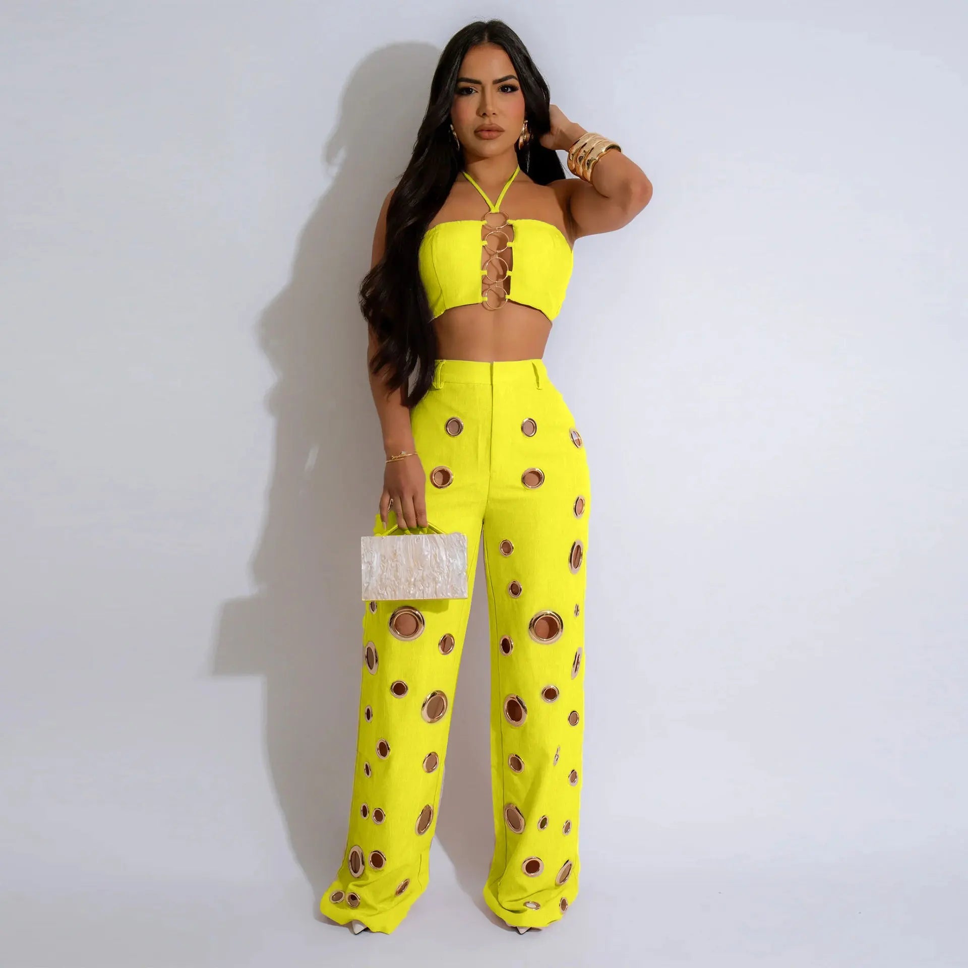 Women's Two - piece Solid Color Hanging Neck Hollow Top Sexy Perforated Slim Fit Pants Set 2026 Summer - MAGUSTA BEAUTY