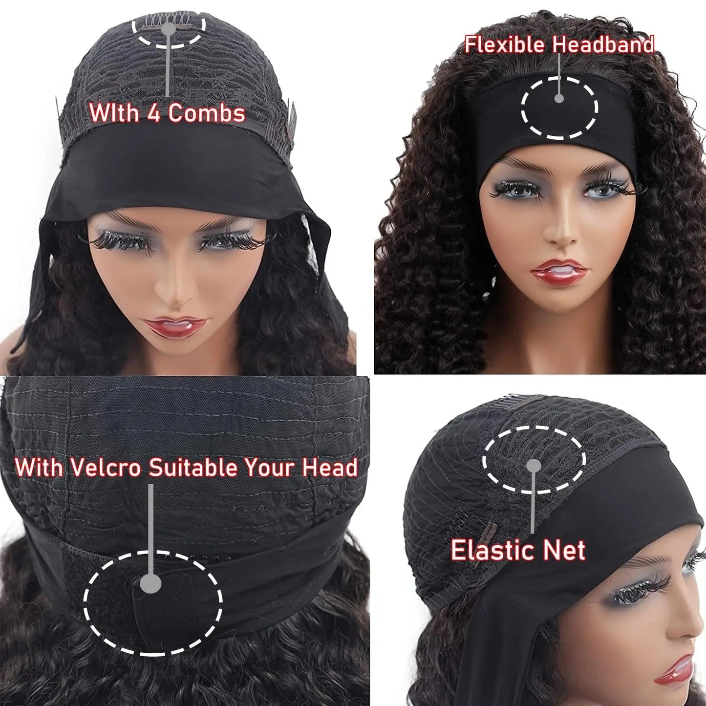 YAVIDA Curly Headband Wig Human Hair 10-24 Curly Hair Headband Wig Indian Virgin Machine Made Human Hair Wigs With Headband - MAGUSTA BEAUTY