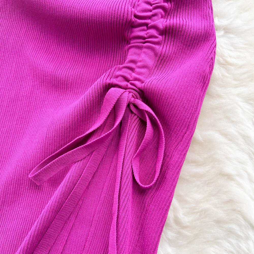 YuooMuoo Fashion Summer Bodycon Knitted Dress Sexy Package Hips Drawstring Split Black Women Dress Basic Lady Party Vestidos - MAGUSTA BEAUTY