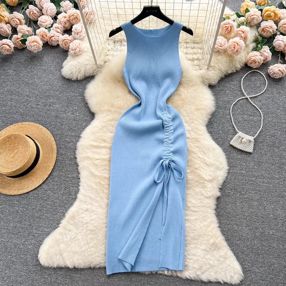 YuooMuoo Fashion Summer Bodycon Knitted Dress Sexy Package Hips Drawstring Split Black Women Dress Basic Lady Party Vestidos - MAGUSTA BEAUTY