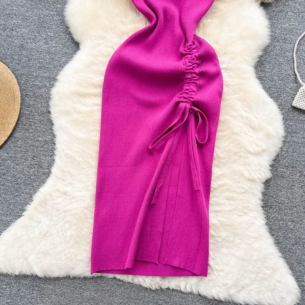 YuooMuoo Fashion Summer Bodycon Knitted Dress Sexy Package Hips Drawstring Split Black Women Dress Basic Lady Party Vestidos - MAGUSTA BEAUTY