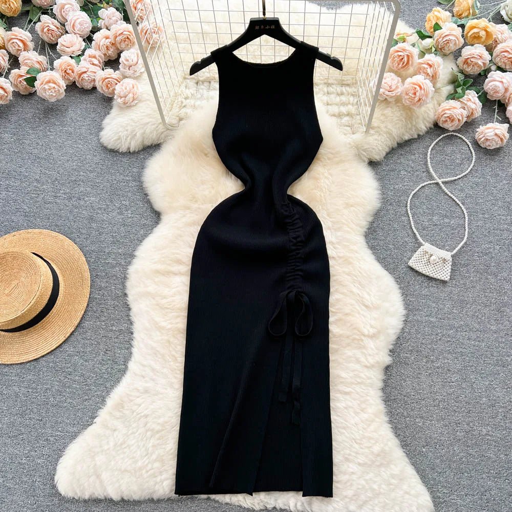 YuooMuoo Fashion Summer Bodycon Knitted Dress Sexy Package Hips Drawstring Split Black Women Dress Basic Lady Party Vestidos - MAGUSTA BEAUTY