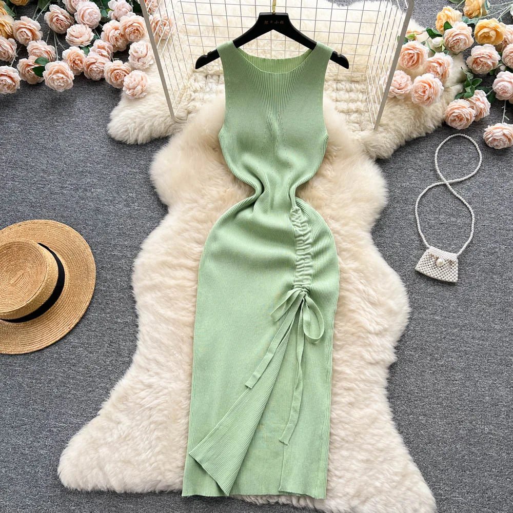 YuooMuoo Fashion Summer Bodycon Knitted Dress Sexy Package Hips Drawstring Split Black Women Dress Basic Lady Party Vestidos - MAGUSTA BEAUTY