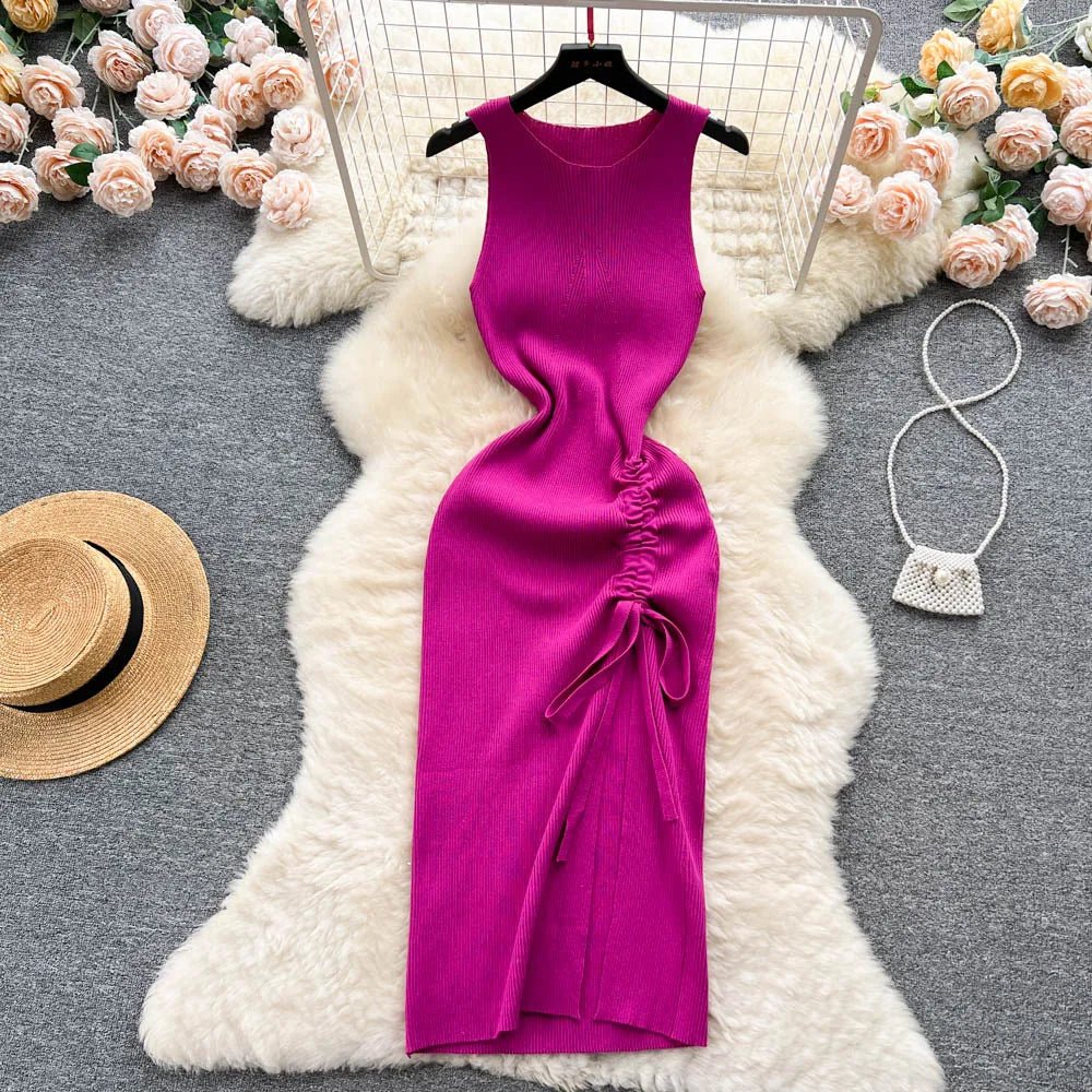 YuooMuoo Fashion Summer Bodycon Knitted Dress Sexy Package Hips Drawstring Split Black Women Dress Basic Lady Party Vestidos - MAGUSTA BEAUTY