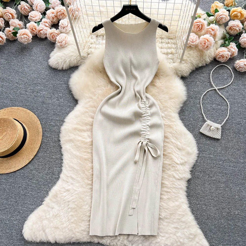 YuooMuoo Fashion Summer Bodycon Knitted Dress Sexy Package Hips Drawstring Split Black Women Dress Basic Lady Party Vestidos - MAGUSTA BEAUTY