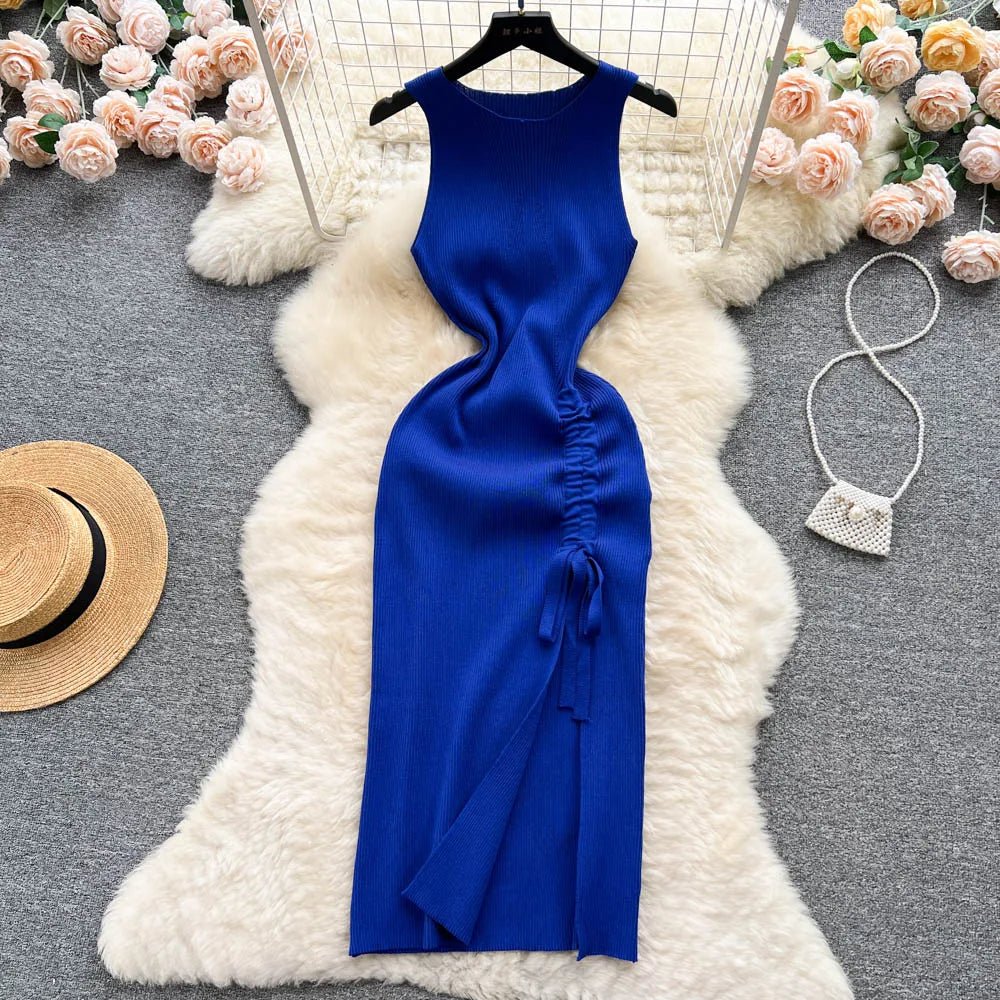 YuooMuoo Fashion Summer Bodycon Knitted Dress Sexy Package Hips Drawstring Split Black Women Dress Basic Lady Party Vestidos - MAGUSTA BEAUTY